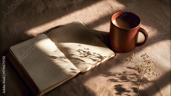 Obraz Warm candle casting soft shadows on open book pages
