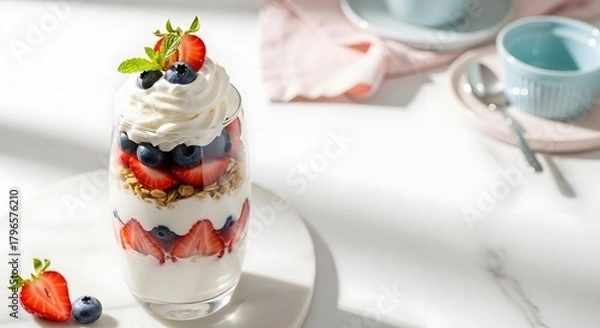 Fototapeta Layered yogurt parfait with berries, granola, and whipped cream on white surface