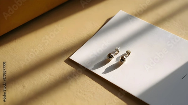 Obraz Stylish gold earrings displayed on textured paper
