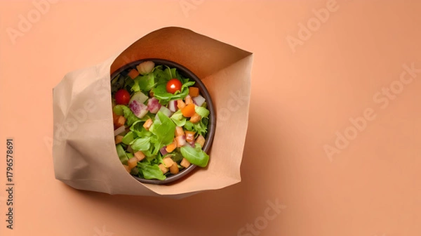 Obraz Healthy mixed salad in open kraft paper bag
