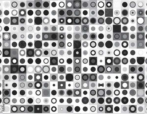 Fototapeta Monochrome geometric mosaic with squares, circles, and rings of varying shades