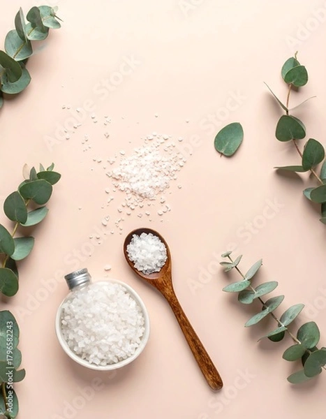Fototapeta Overhead shot displays spa elements. White salt, a wooden spoon, and eucalyptus sprigs lie on a pale pink backdrop. A bowl holds a significant portion