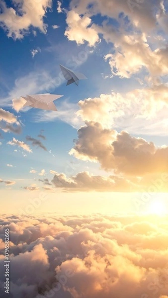 Fototapeta Paper airplanes soar above fluffy clouds in a bright sunset