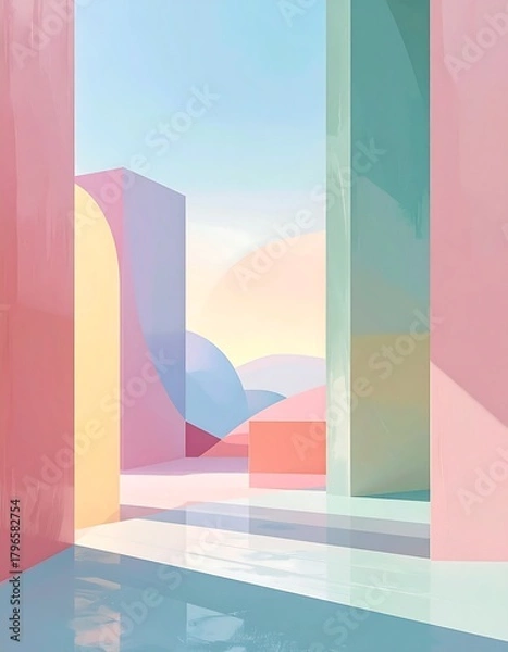 Fototapeta Pastel-colored abstract scene with geometric shapes and sky