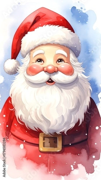 Fototapeta Portrait of a jolly, rosy-cheeked character with a long white beard and a red hat, with a watercolor-style background