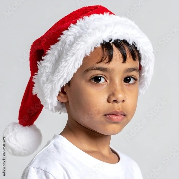 Fototapeta Portrait of a young boy wearing a red and white holiday hat with a fluffy white trim, gazing calmly. The background is plain