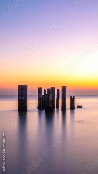 Fototapeta Serene vertical shot of wooden pilings in tranquil water at dusk, under a vibrant gradient sky of orange and purple hues