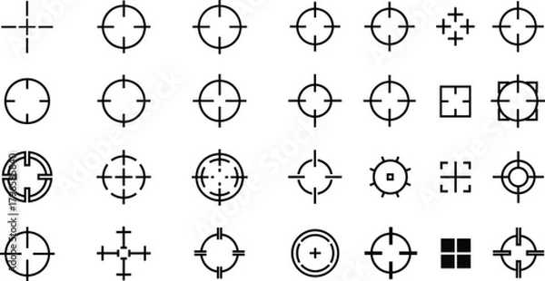 Fototapeta Crosshair reticle set, target aim icons, gaming HUD elements, UI design markers, scope sight patterns, minimal vector, CAD drawing, illustration