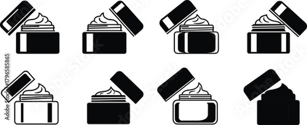 Fototapeta Cosmetic cream jar icon collection, open lids showing cream swirls, packaging symbols for beauty brands, cad drawing flat vector illustration