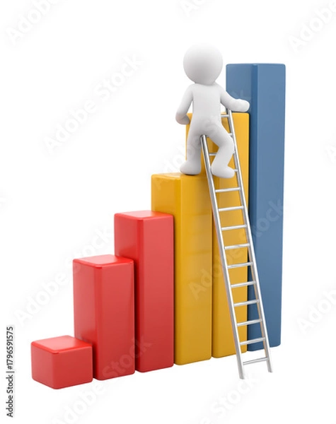 Obraz 3d man climbing ladder up ascending bar graph representing growth and success