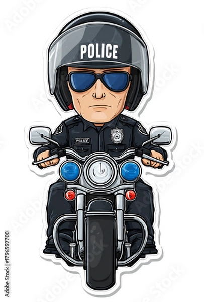 Obraz Cartoon police officer riding a motorcycle wearing a helmet and sunglasses