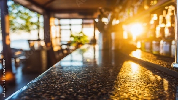 Obraz Sunset Over Bar Counter with Bottles and Ocean View Restaurant Interior image photo