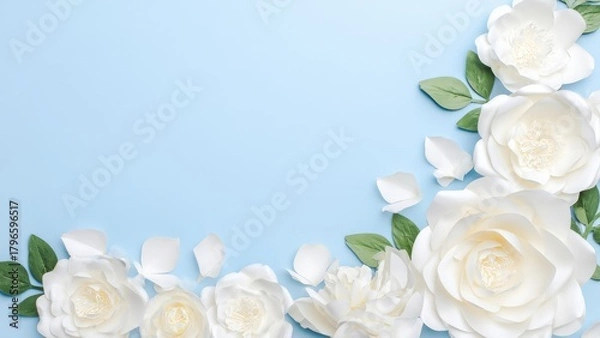 Obraz White paper flowers and green leaves arranged on a light blue background handmade craft