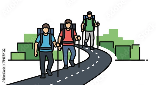 Fototapeta Group Of Hikers Traversing Mountain Road Depicted In Modern Flat Illustration Style