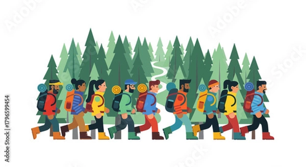 Fototapeta Group Of Hikers Traversing Mountainous Terrain Amidst the Verdant Pine Forest