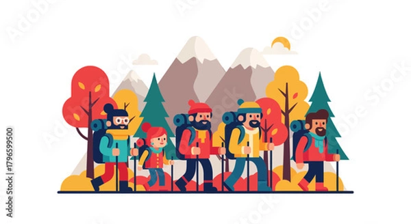 Fototapeta Group Of Hikers Traversing Mountainous Terrain Beneath Scenic Autumnal Landscape