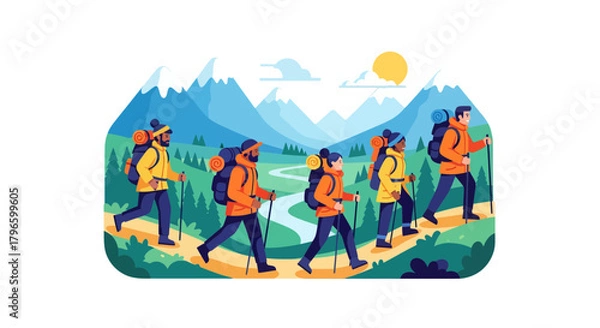 Fototapeta Group Of Hikers Traversing Mountainous Terrain On A Sunny Day Reaching New Heights