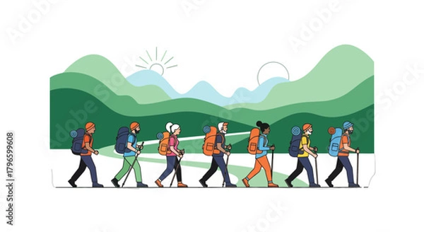 Fototapeta Group Of Hikers Traversing Mountainous Terrain Under A Bright Sun Illustration