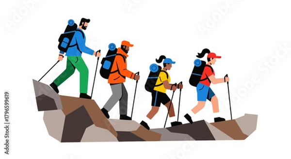 Obraz Group Of Hikers Traversing Rocky Terrain In An Outdoor Adventure, On A Hill