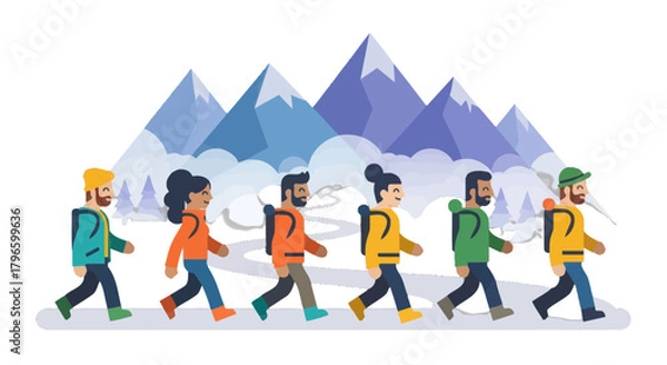 Fototapeta Group Of Hikers Traversing Mountainous Terrain Underneath a Cloudy Sky Adventure