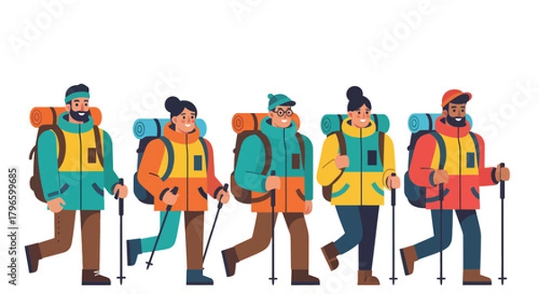 Fototapeta Group Of Hikers Traversing Rugged Terrain During Adventuresome Hiking Trip