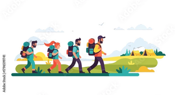Fototapeta Group Of Hikers Traversing Scenic Landscape Toward Camping Tents Under Cloudy Skies