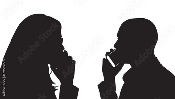 Obraz Silhouettes of a man and a woman in conversation using mobile phones.