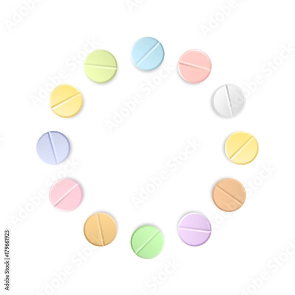 Fototapeta Set of twelve vector realistic pills located around isolated on transparent background. Medicines, tablets, capsules, drug of painkillers, antibiotics, vitamins.