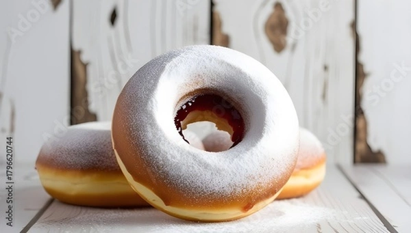 Fototapeta Powdered Sugar Donut on Crumpled Black Paper and Dark Wood
