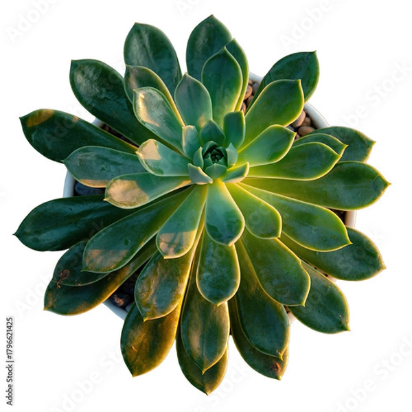 Obraz Top view of a healthy green succulent plant with water droplets on its leaves illuminated by warm sunlight against a black background
