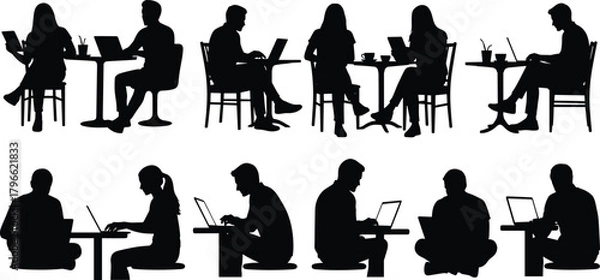 Fototapeta Laptop working silhouettes vector, people using computer illustration, casual workspace icons, café study design, remote work activity graphics