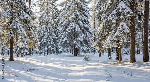 Obraz Snow-covered evergreen trees in a forest on a sunny winter day, creating a serene landscape.