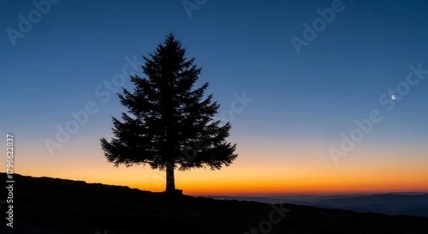 Obraz Silhouette of a tree against a vibrant sunset sky, with a bright celestial object visible in the distance.
