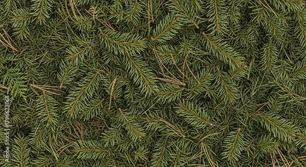 Obraz A dense, textured background of overlapping green pine needles and fir branches.