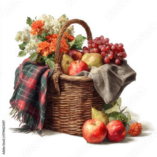 Fototapeta Wicker basket with fresh fruit and flowers in cozy setting