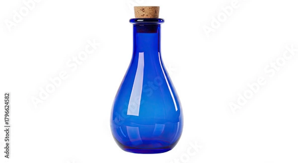 Fototapeta Transparent Blue Glass Potion Bottle with Cork Stopper Studio Shot Isolated on Black Background