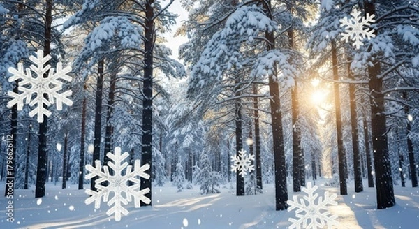 Obraz Winter Wonderland Forest with Falling Snowflakes and Sunlight