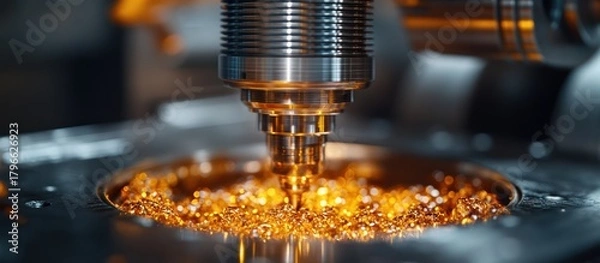 Fototapeta Close-up of industrial machine processing golden granules.