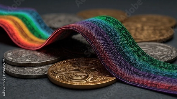 Obraz future  saint patrick's day Colorful fabric draped over coins on a dark surface.