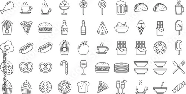 Fototapeta Large Outline Food and Drink Icons Set Including Meals, Snacks, Desserts, and Beverages Vector Collection.