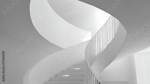 Fototapeta Minimalist white spiral staircase with smooth curves and railing image