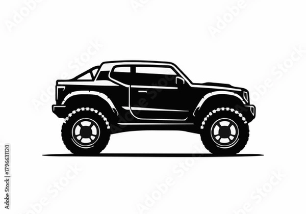 Fototapeta Monochrome vector illustration of an aggressive offroad vehicle with massive tires isolated graphic resource design element for logos branding merchandise