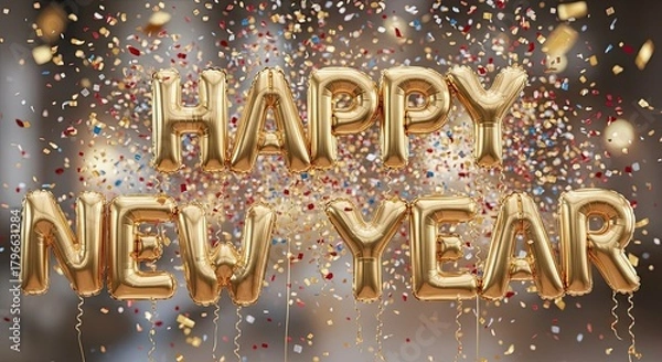 Obraz Golden Balloons Announcing Happy New Year with Falling Confetti