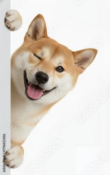 Obraz A cute and funny Japanese Shiba Inu dog peeking from behind a white wall, winking and smiling at the camera. 