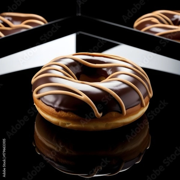 Fototapeta Classic Chocolate Glazed Donut with Peanut Butter Drizzle on Reflective Black Background