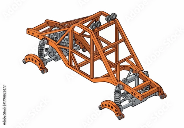 Fototapeta Isolated vector illustration of heavy duty monster truck chassis and roll cage structure engineering diagram offroad vehicle frame design technical blueprint mechanics