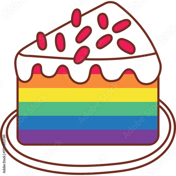 Fototapeta Slice Of Rainbow Layer Cake With White Frosting And Red Sprinkles On A Plate Isolated On White Background