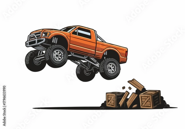 Fototapeta Orange vector monster truck jumping destroying wooden crates illustration extreme sports event design element offroad vehicle stunt show concept