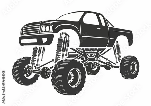 Fototapeta Black vector silhouette illustration of powerful monster truck with enormous wheels and complex suspension system offroad racing vehicle graphic element