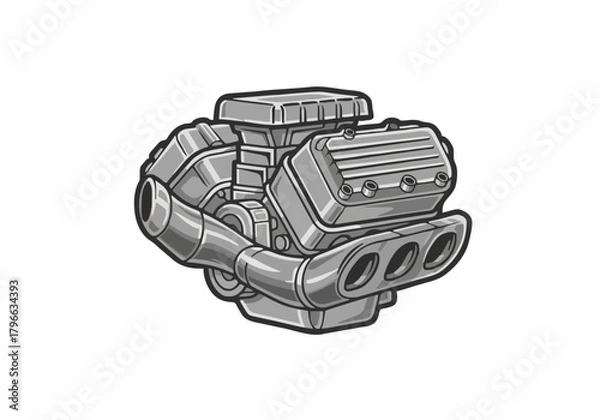 Fototapeta Monochrome detailed vector illustration v8 engine block isolated on white background depicting mechanical power performance and speed concept design element